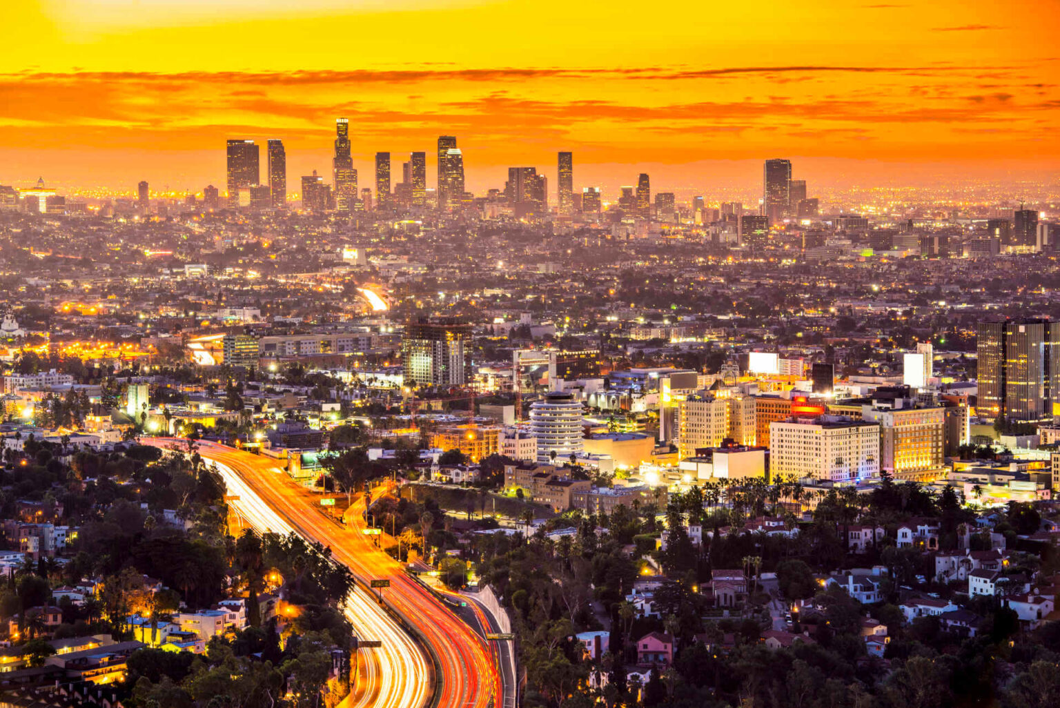 Los angeles skyline in sunset